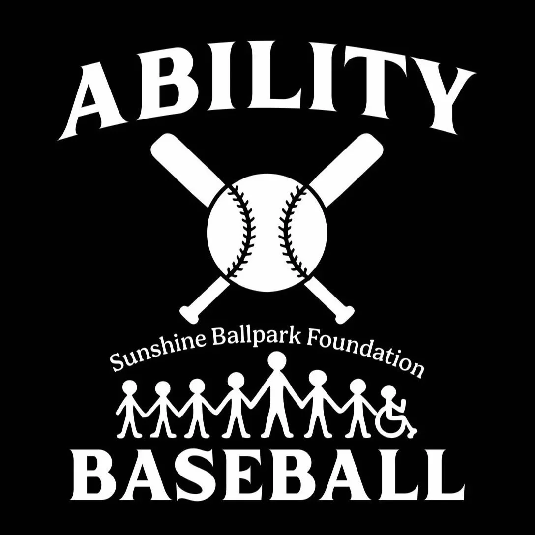 Logo for Sunshine Ballpark Foundation Baseball featuring a baseball with crossed bats, the word 'ABILITY' above, and a row of diverse figures, including a person in a wheelchair, below.