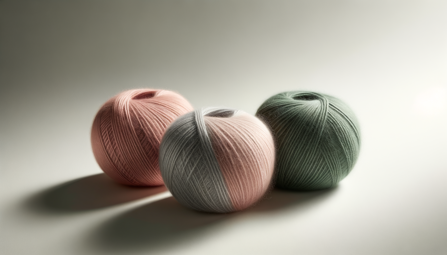 Three balls of yarn in pink, gray, and green colors arranged on a light surface