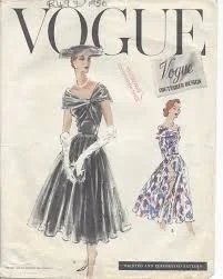 Vintage fashion illustration of two women in mid-20th century dresses, with the Vogue magazine logo at the top.