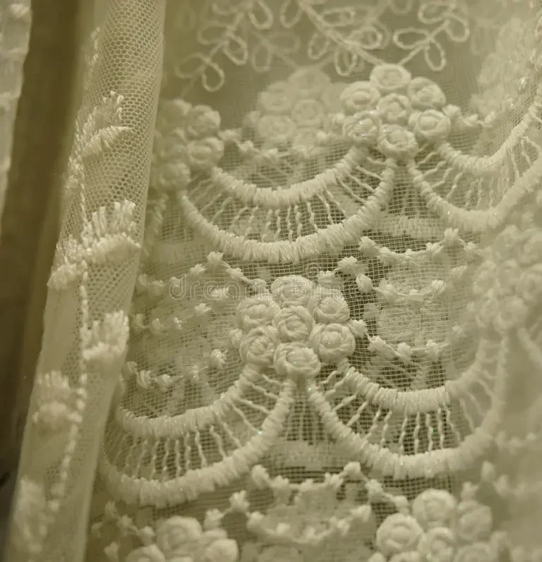 Close-up of detailed white lace curtain with floral and geometric embroidery.