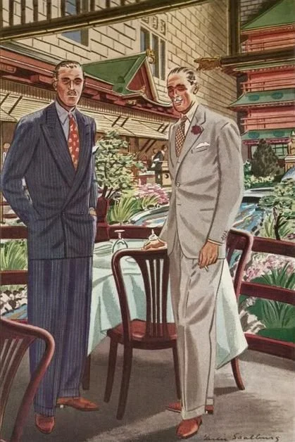 Painting of two men in suits standing outdoors near a table with a chair, with traditional Asian architecture and greenery in the background.