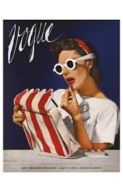 A woman wearing white 3D glasses, holding a striped popcorn bag, with the word 'Vogue' written at the top.