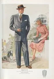 A man in a gray suit, hat, and glasses stands outdoors, holding a cigarette, while a woman in a pink dress and hat sits on a bench nearby, with a small dog at her feet. In the background, there is a greenhouse or conservatory.