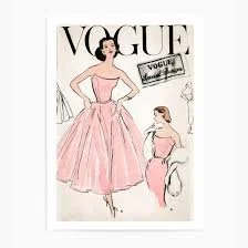 Fashion illustration of a woman in a pink ball gown with a full skirt, with sketches of the dress design and the Vogue magazine logo in the background.