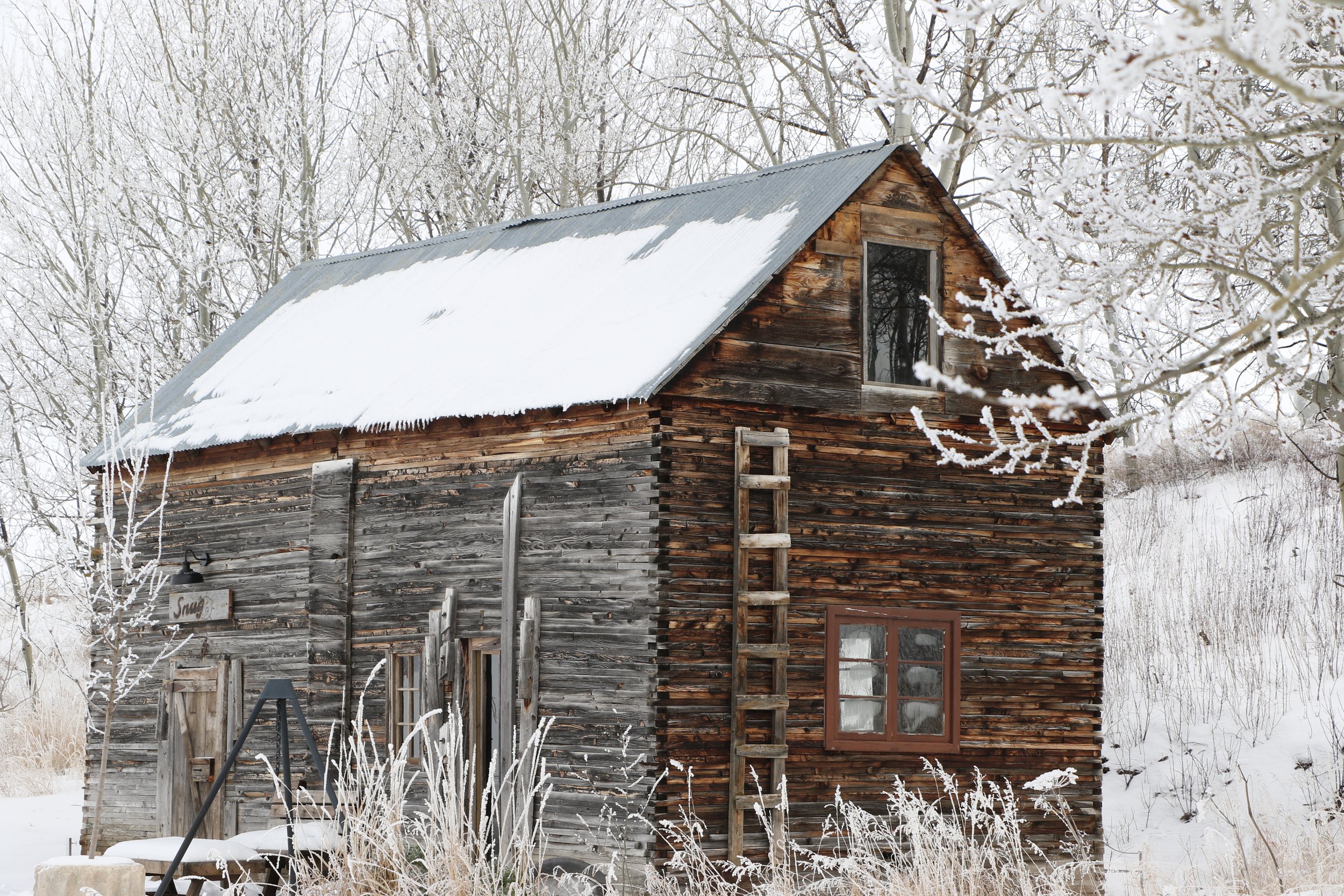 Old wooden barn with snow-covered roof in winter surrounded by snow-covered trees and grass. Edelweiss Ranch Wedding and Event venue, Teton Valley, Idaho. 