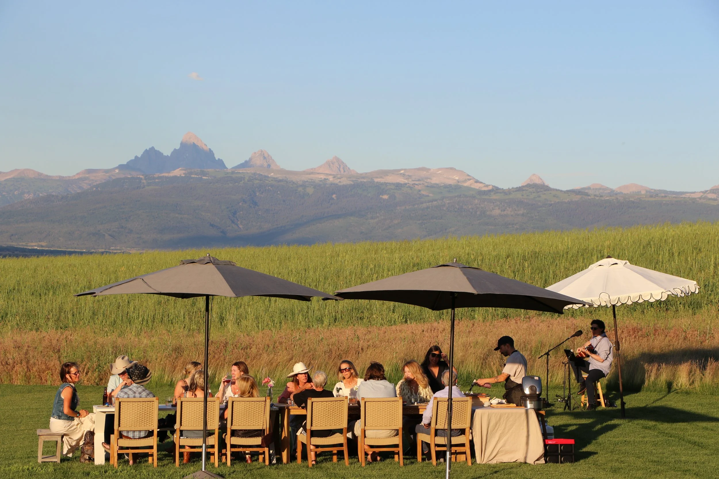 People enjoying an outdoor gathering with a mountain range in the background, some seated at a table under umbrellas and others standing, with a musician playing guitar.