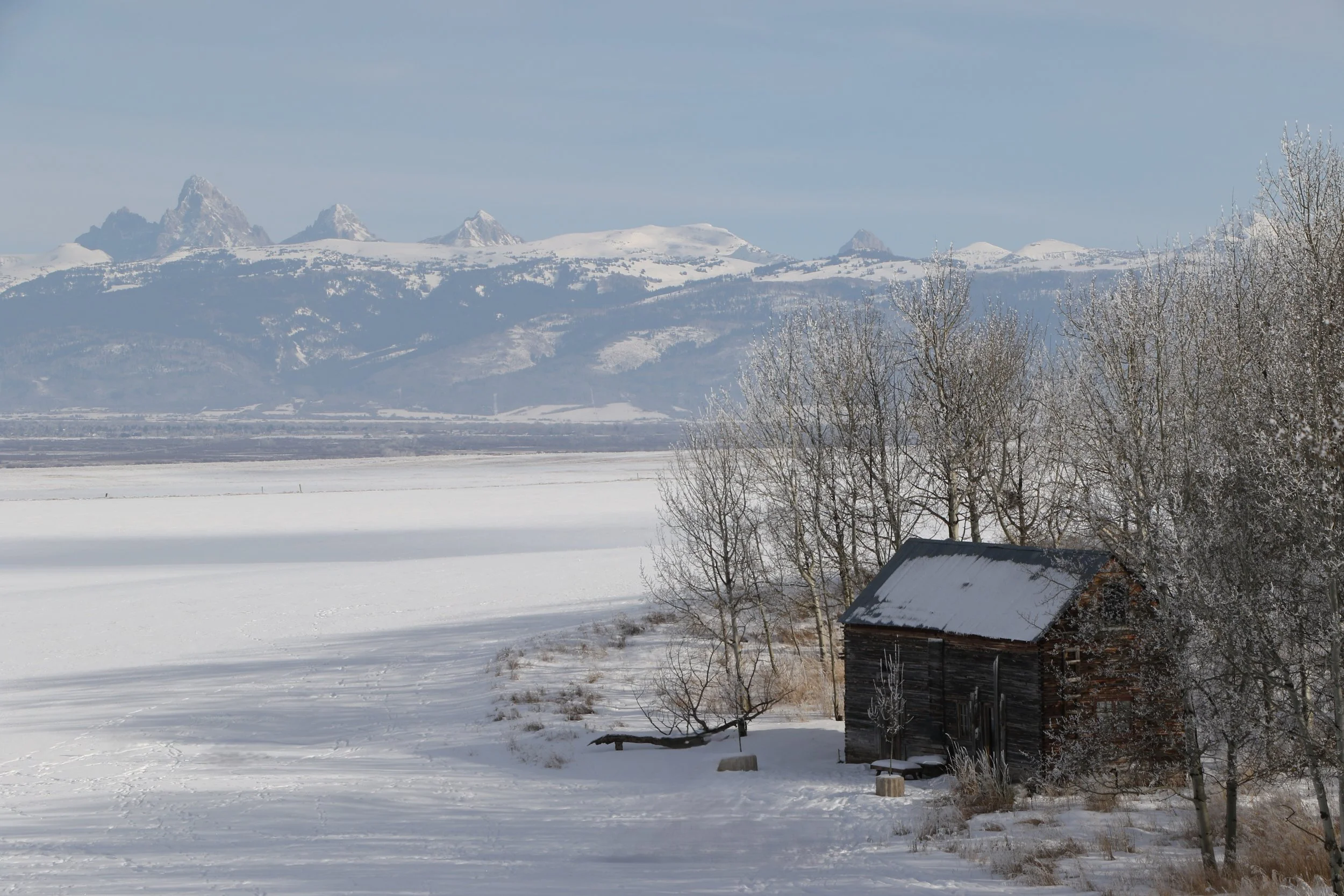 A snow-covered landscape with a small wooden shed near leafless trees, snowy fields, and a mountain range in the background under a partly cloudy sky. Edelweiss Ranch Wedding and Event venue, Teton Valley, Idaho. 