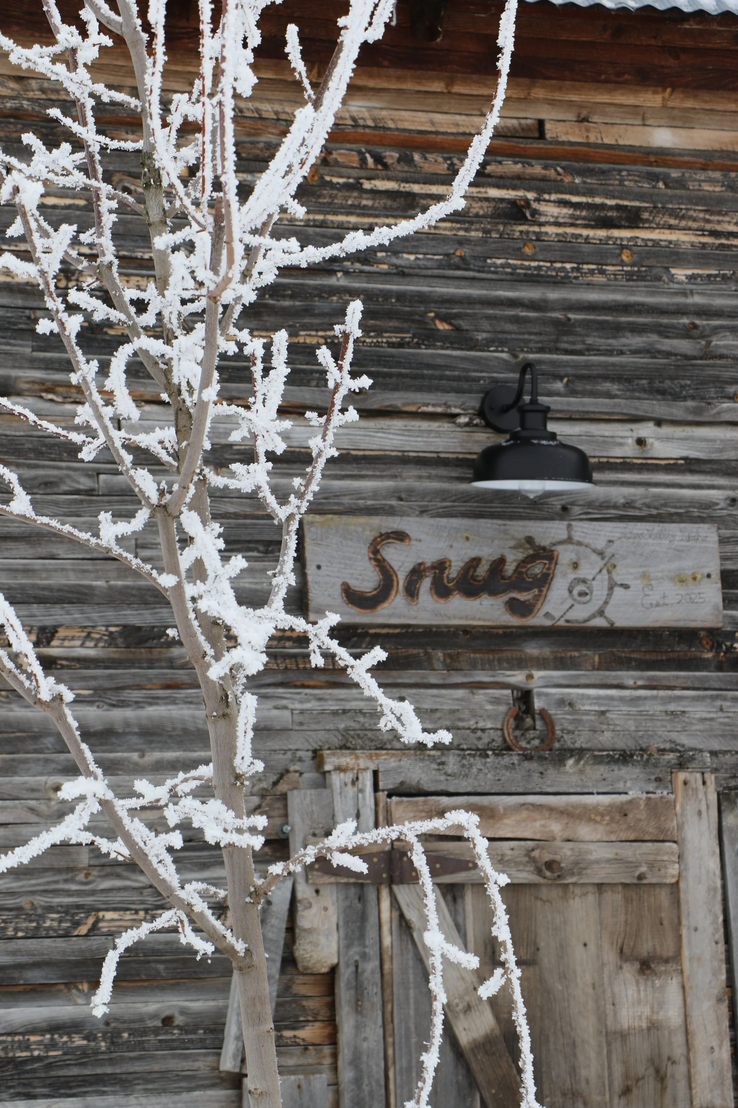 Frost-covered tree in front of a weathered wooden barn with a black outdoor light fixture and a rustic sign that says 'Snug'. Edelweiss Ranch Wedding and Event venue, Teton Valley, Idaho. 