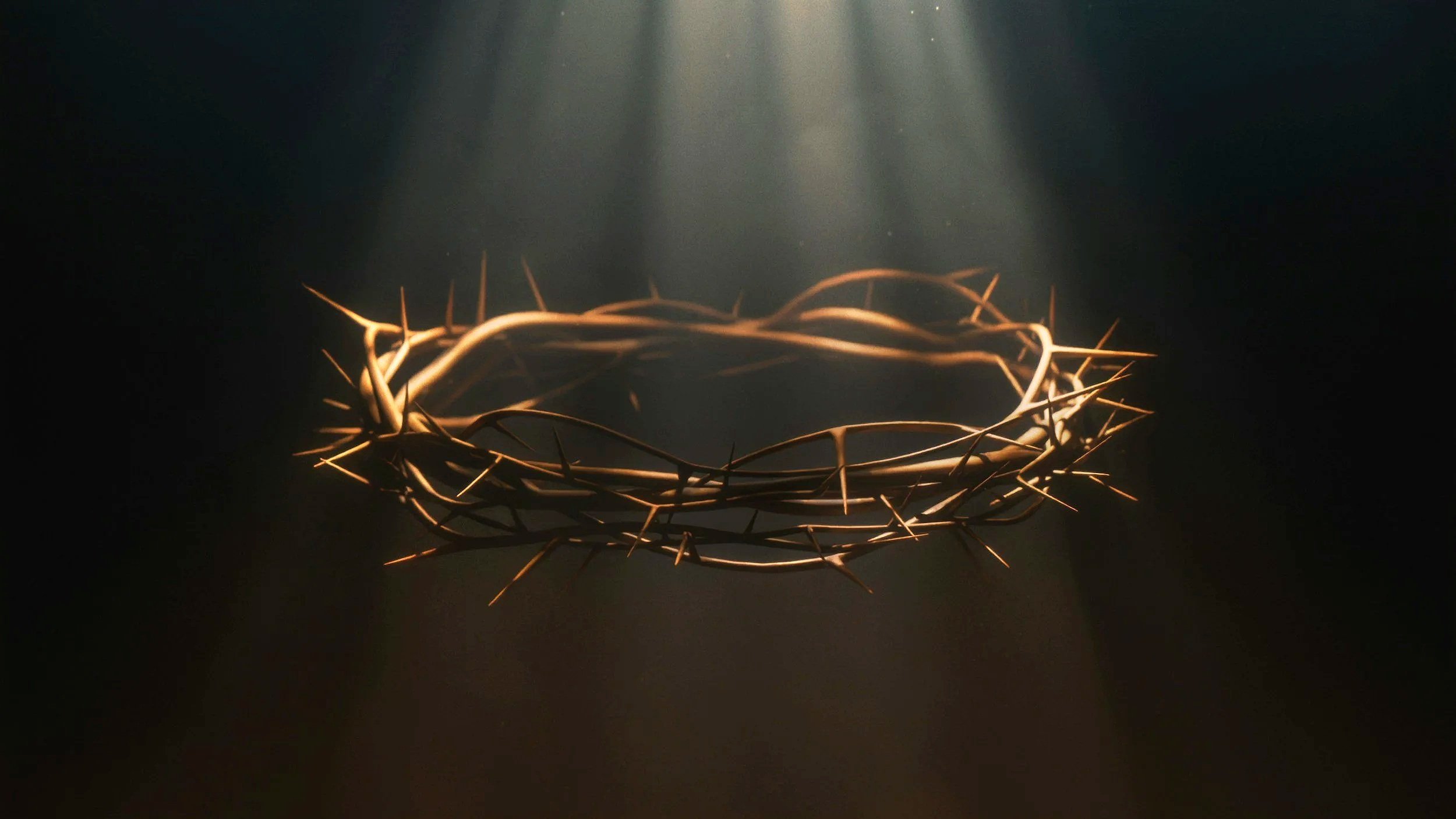 A crown of thorns illuminated by rays of light against a dark background.