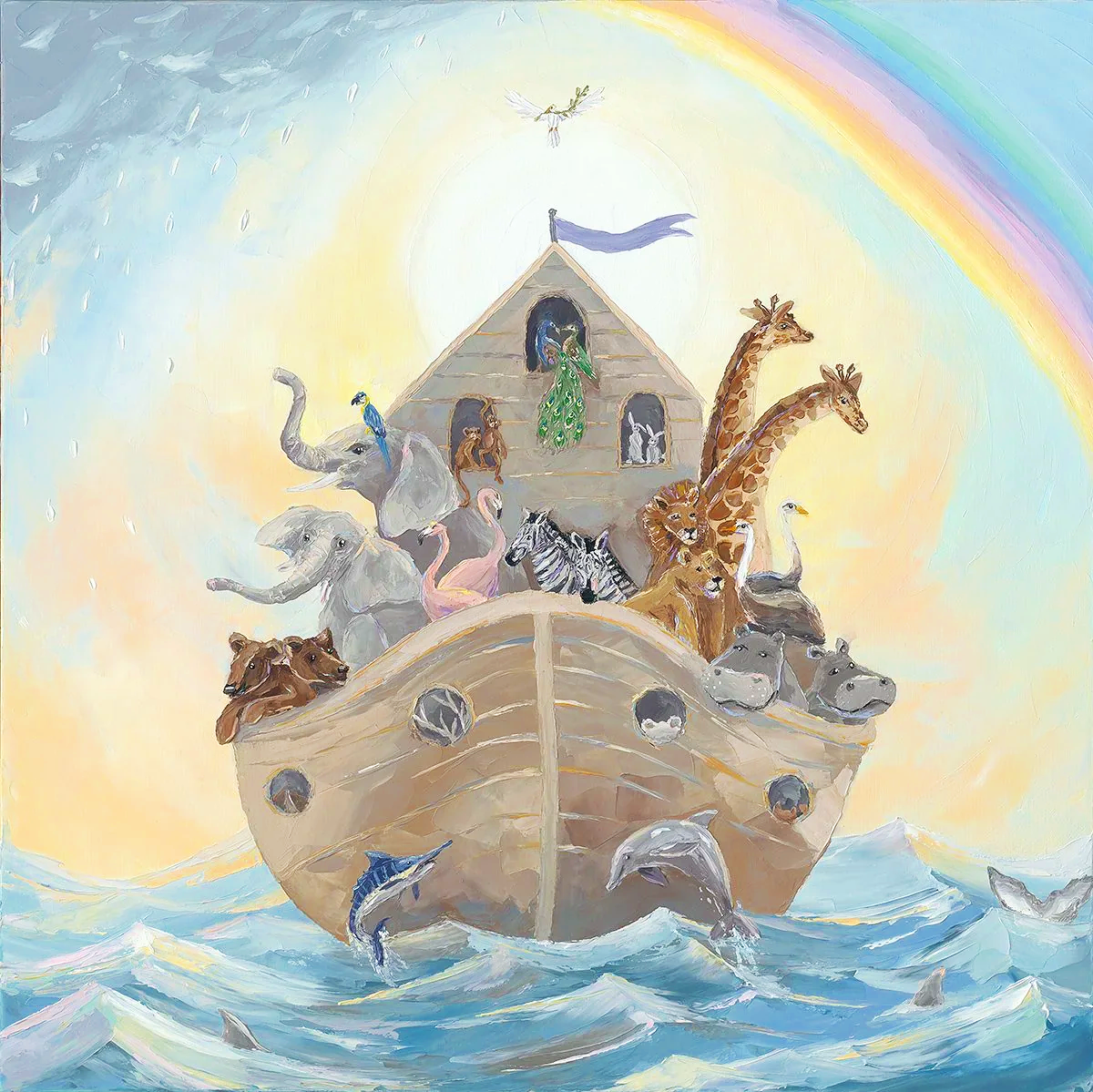 A large ship with many various animals including giraffes, lions, zebras, elephants, hippopotamuses, a peacock, dolphins, a whale, a bird, rabbits, and hippos, sailing on the ocean with a rainbow and rainbow-colored sky in the background.