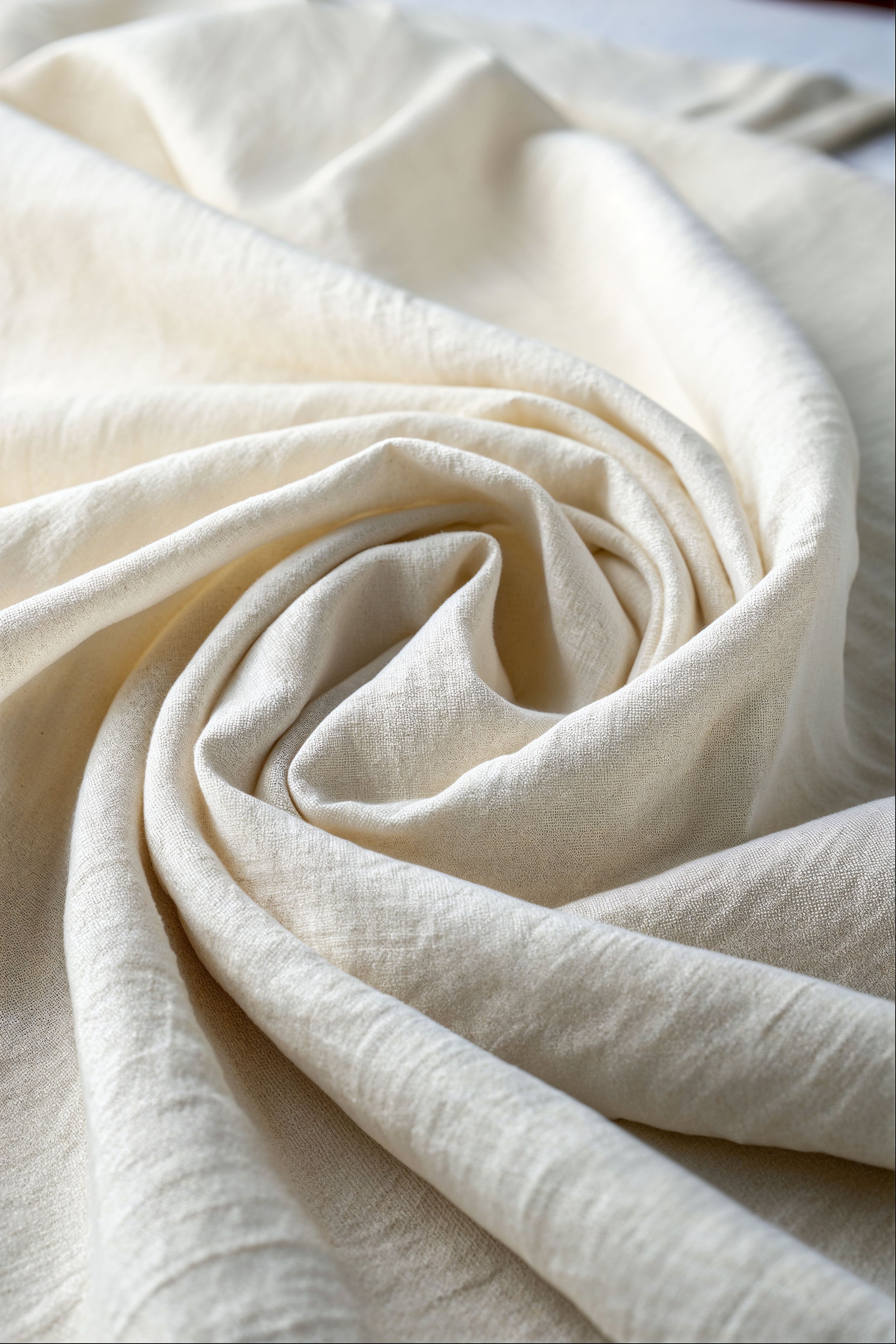 Cream-colored silky fabric with soft folds and gentle swirling pattern.