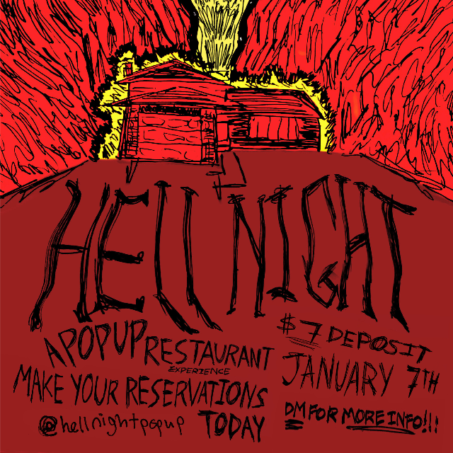 Colorful, cartoon-style drawing of a red barn inside a tunnel with fiery walls, promoting a pop-up restaurant called 'Hell night' with a $7 deposit, opening on January 7th, encouraging reservations and more info.