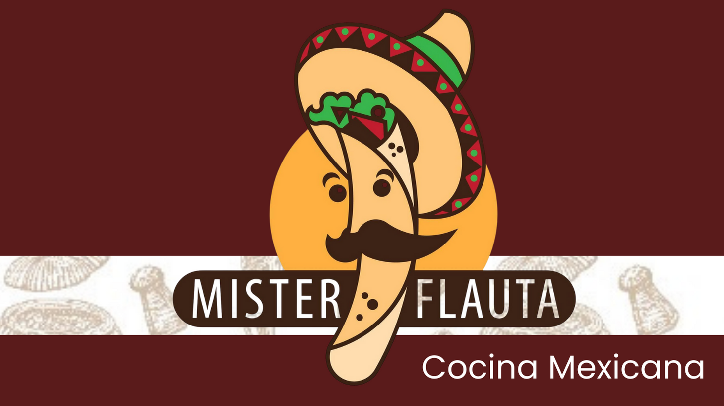 Diseño de logotipo con una piñata mexicana con barba, bigote y un sombrero con colores tradicionales, y texto que dice 'Mister Flauta' y 'Cocina Mexicana'.