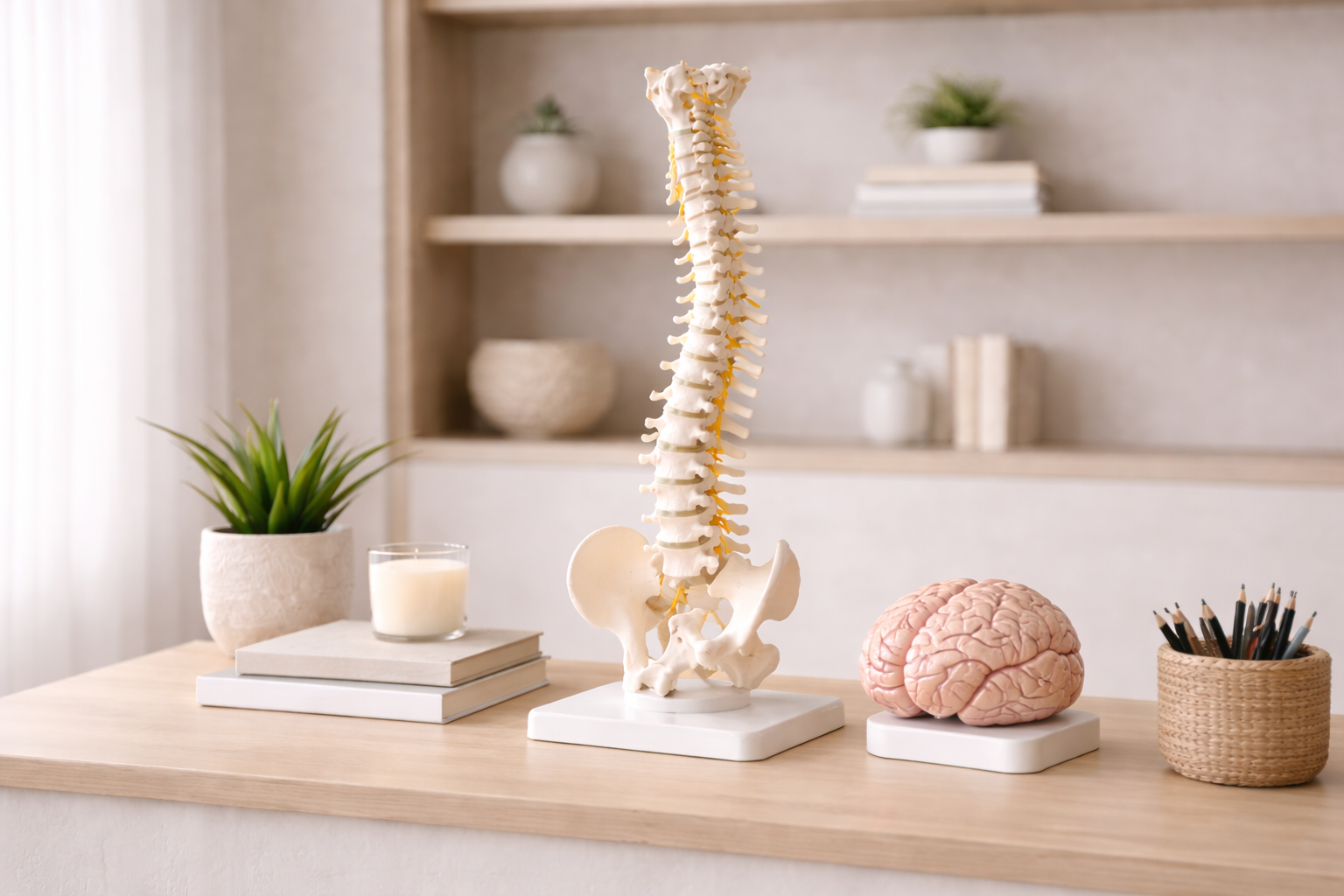 An educational display featuring a model of a human spine, a brain model, a potted plant, a candle, notebooks, and a basket of pencils on a light wood surface, with shelves and decorative items in the background.