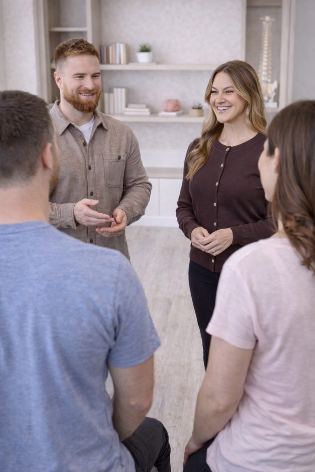 A group of five people having a discussion in a room, with a man and woman standing and three others sitting.