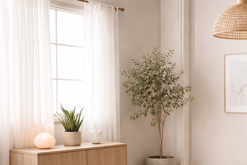 Bright living room corner with a large window, white curtains, a wooden sideboard, a potted plant, a decorative lamp, and framed artwork on the wall.