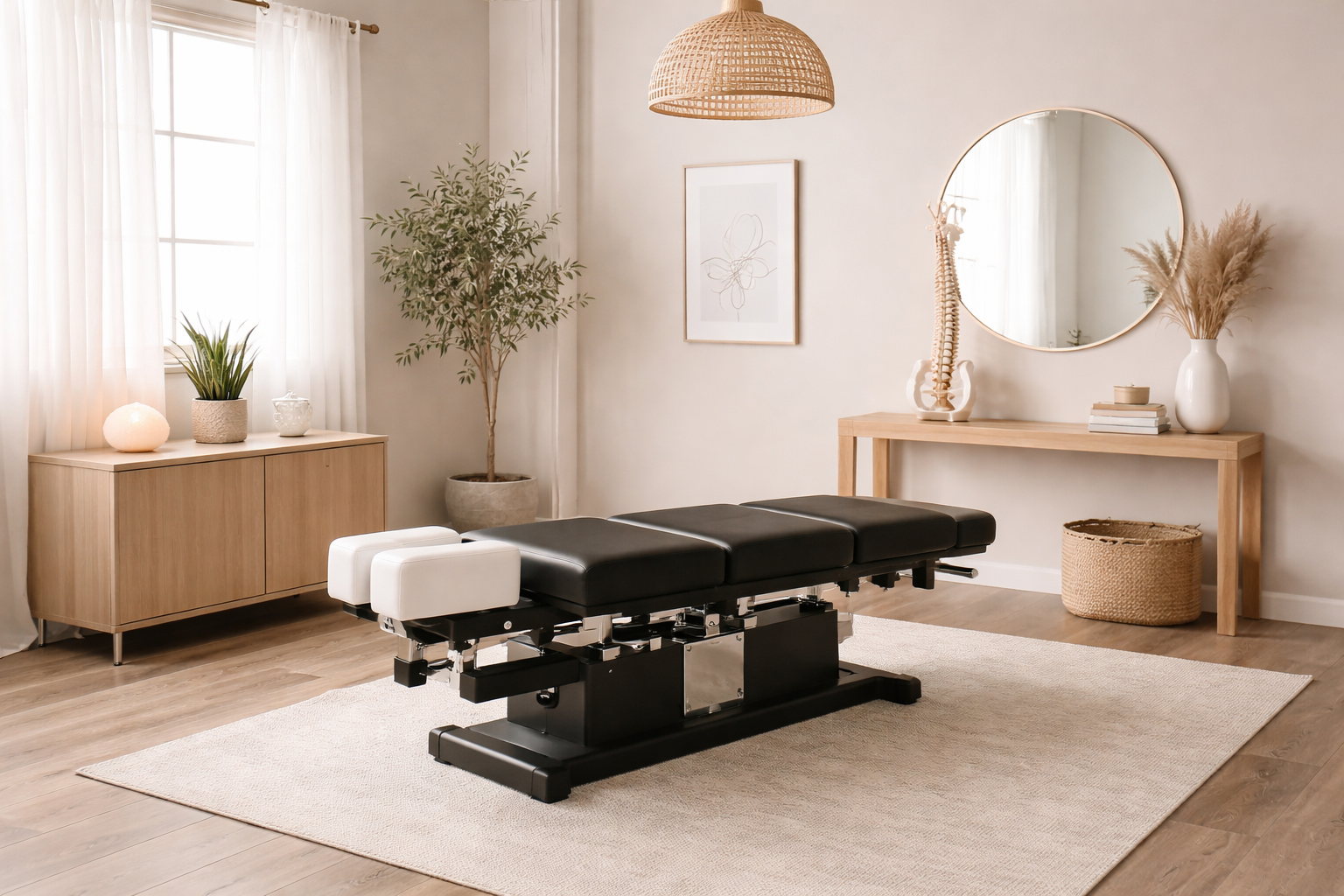 A modern chiropractic or massage therapy treatment room with a black adjustable table in the center, light wooden furniture, a large window with white curtains, a potted plant, decorative items, and neutral-colored walls.