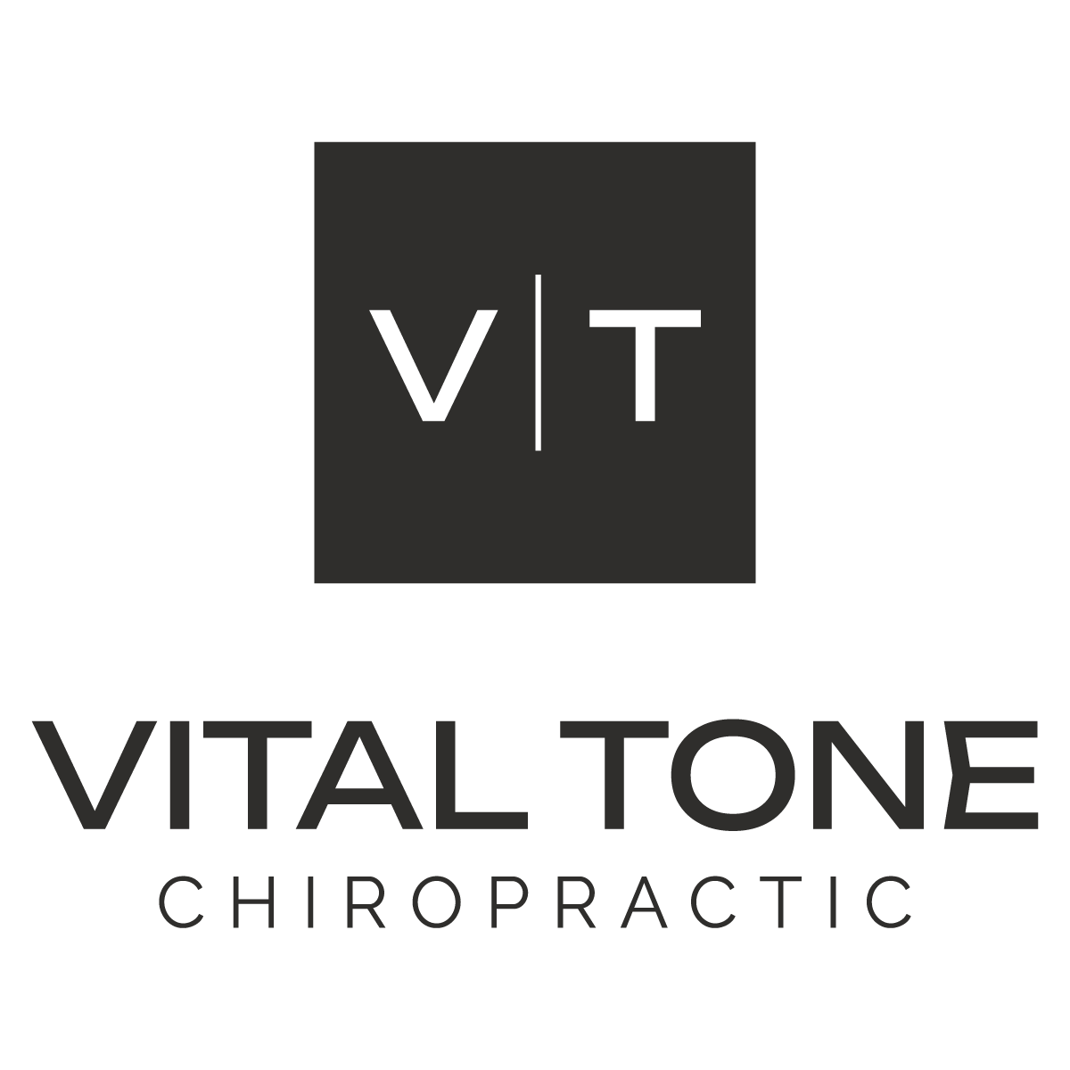 Logo for Vital Tone Chiropractic with a black square, the initials V and T separated by a vertical line, and the text 'VITAL TONE CHIROPRACTIC' below.