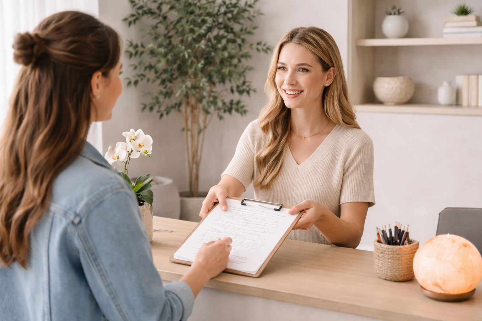 A woman with blonde hair in a beige shirt smiling while handing a clipboard with a form to another woman with brown hair in a denim jacket who is sitting at a light wood desk in a room decorated with plants and shelves.