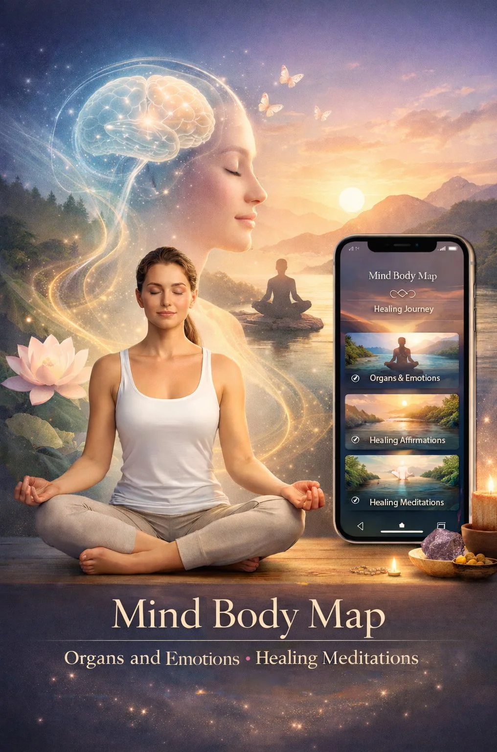 A woman practicing meditation outdoors near a lake at sunset, with a digital app on her phone showing a mind body map for healing journey and meditations, with spiritual and nature elements surrounding her.