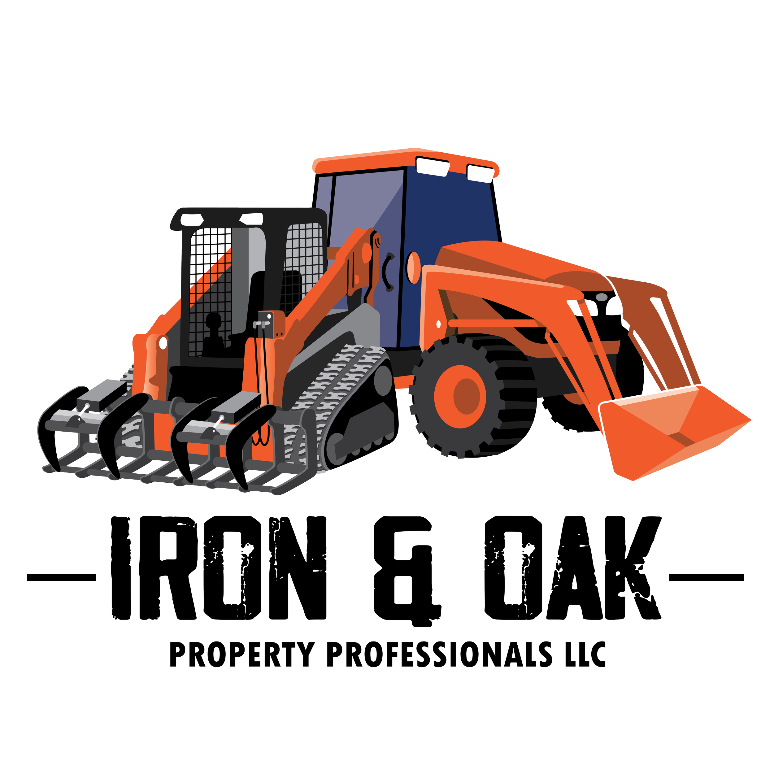Illustration of a bulldozer with orange and black colors, and the text "Iron & Oak Property Professionals LLC" below it.