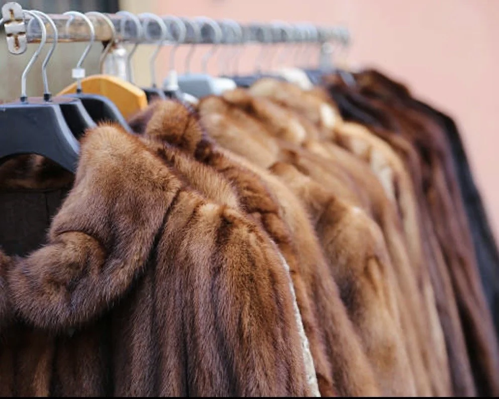 Eine Reihe von Pelzmänteln aus braunem Fell hängt an einer Kleiderstange.