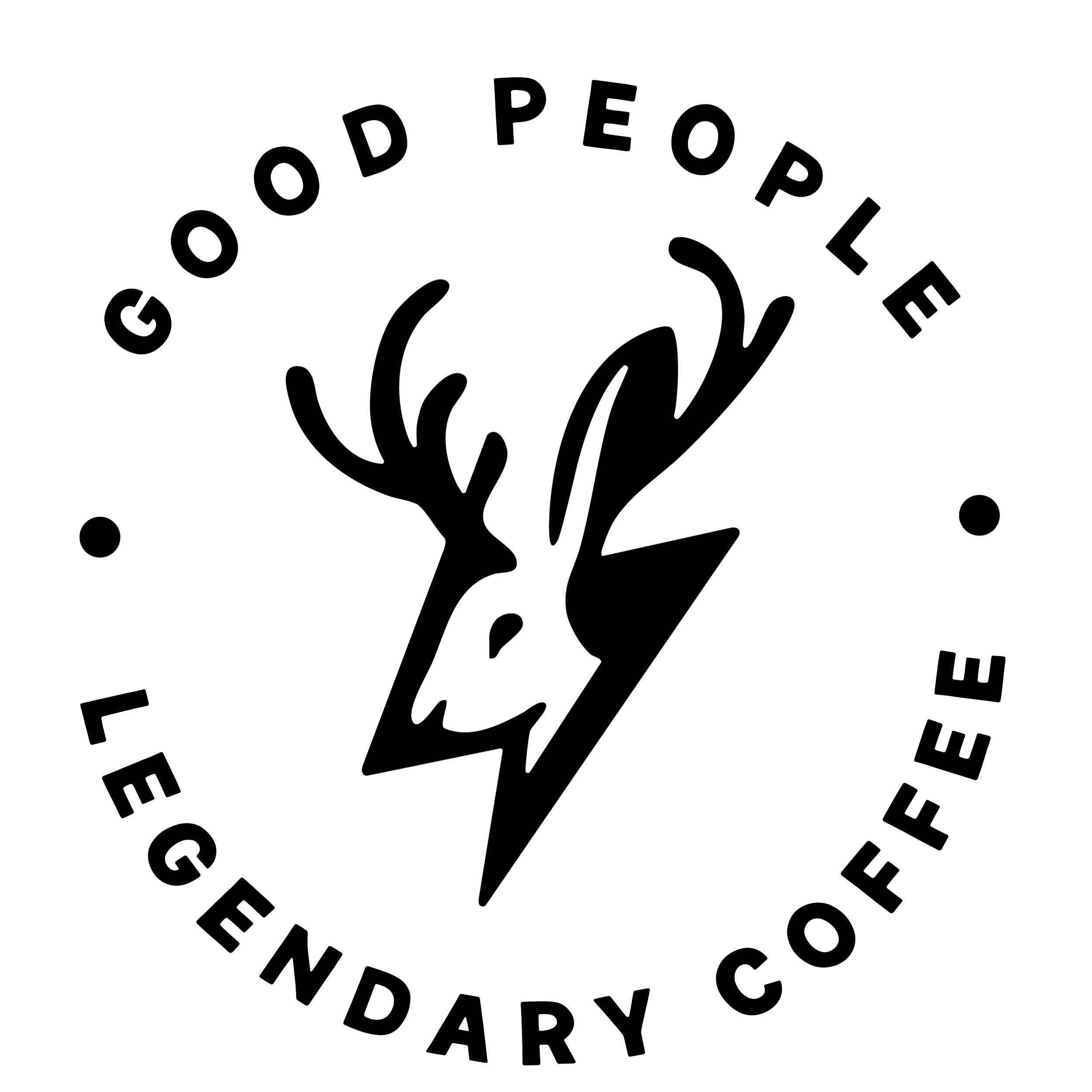 Badge icon with white background. The words "Good People, Legendary Coffee" written in black, bold letters arranged in a circular pattern. Center icon of jackalope and lightning bolt.