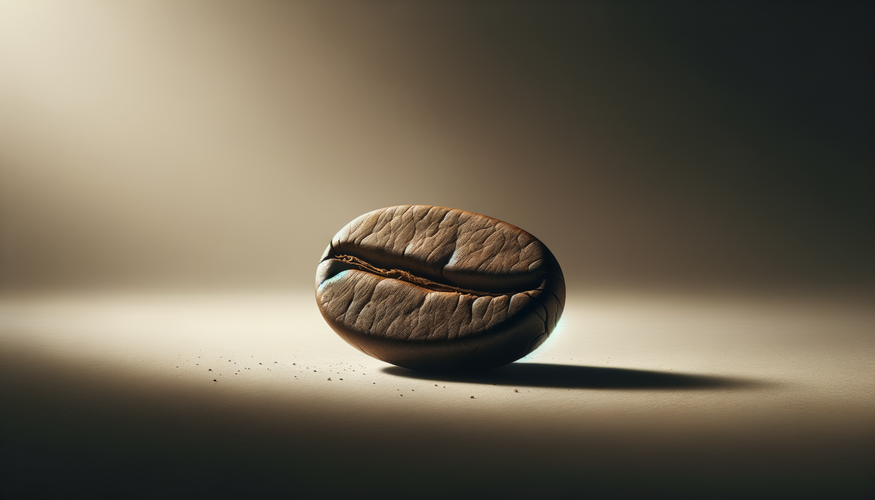 Close-up of a single roasted coffee bean on a light-colored surface with a gradient background.
