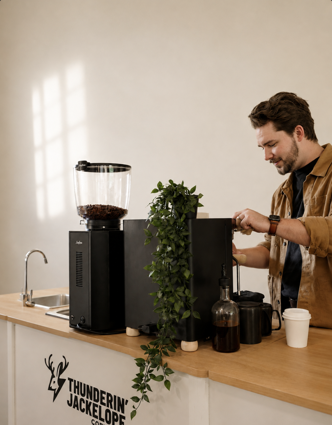 A man making coffee on a mobile coffee cart at an event using a coffee grinder and espresso machine, with a potted plant on the counter and a Thundering Jackelope Coffee sign.