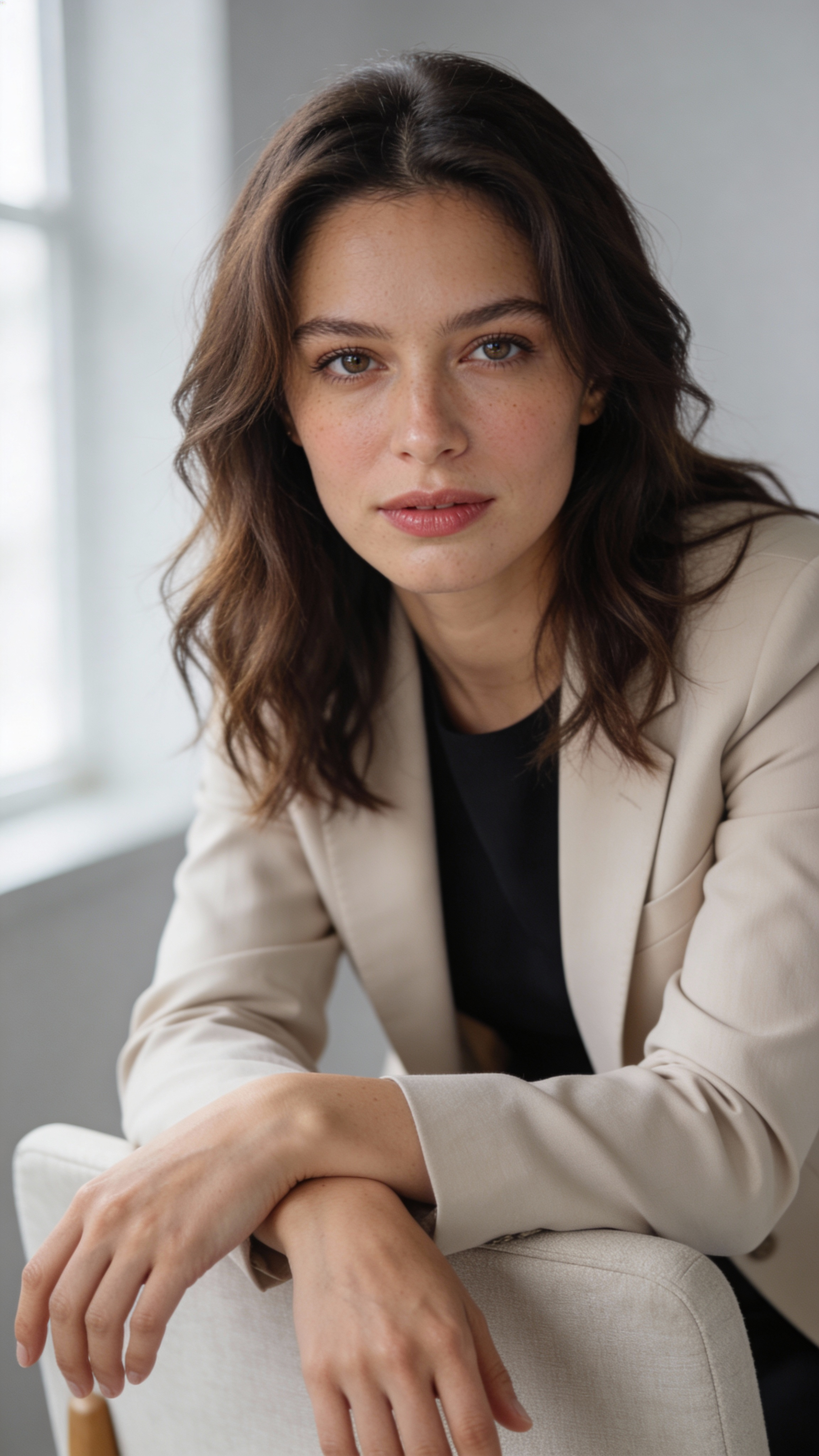 A young woman with brown hair and brown eyes sitting on a white chair, wearing a beige blazer over a black top, looking directly at the camera.