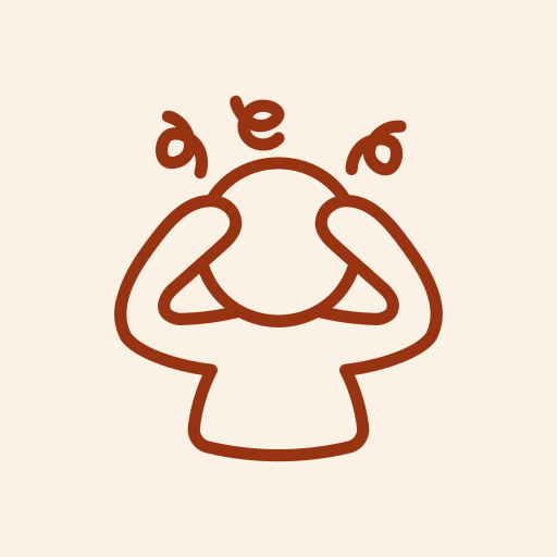 A line drawing of a person holding their head with hands, with squiggly lines above indicating confusion or frustration.
