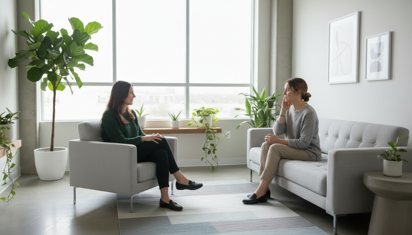 Two women seated on sofas having a conversation in a bright, modern room with large windows, potted plants, and minimalist artwork on the wall.