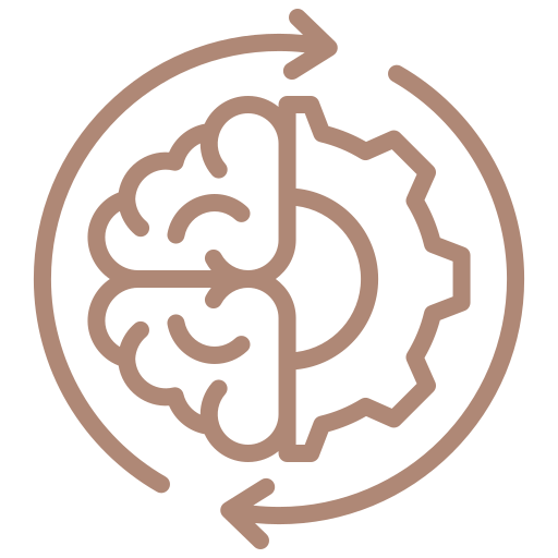 A stylized icon showing a brain and a gear, connected by circular arrows, representing cognitive and mechanical processes.
