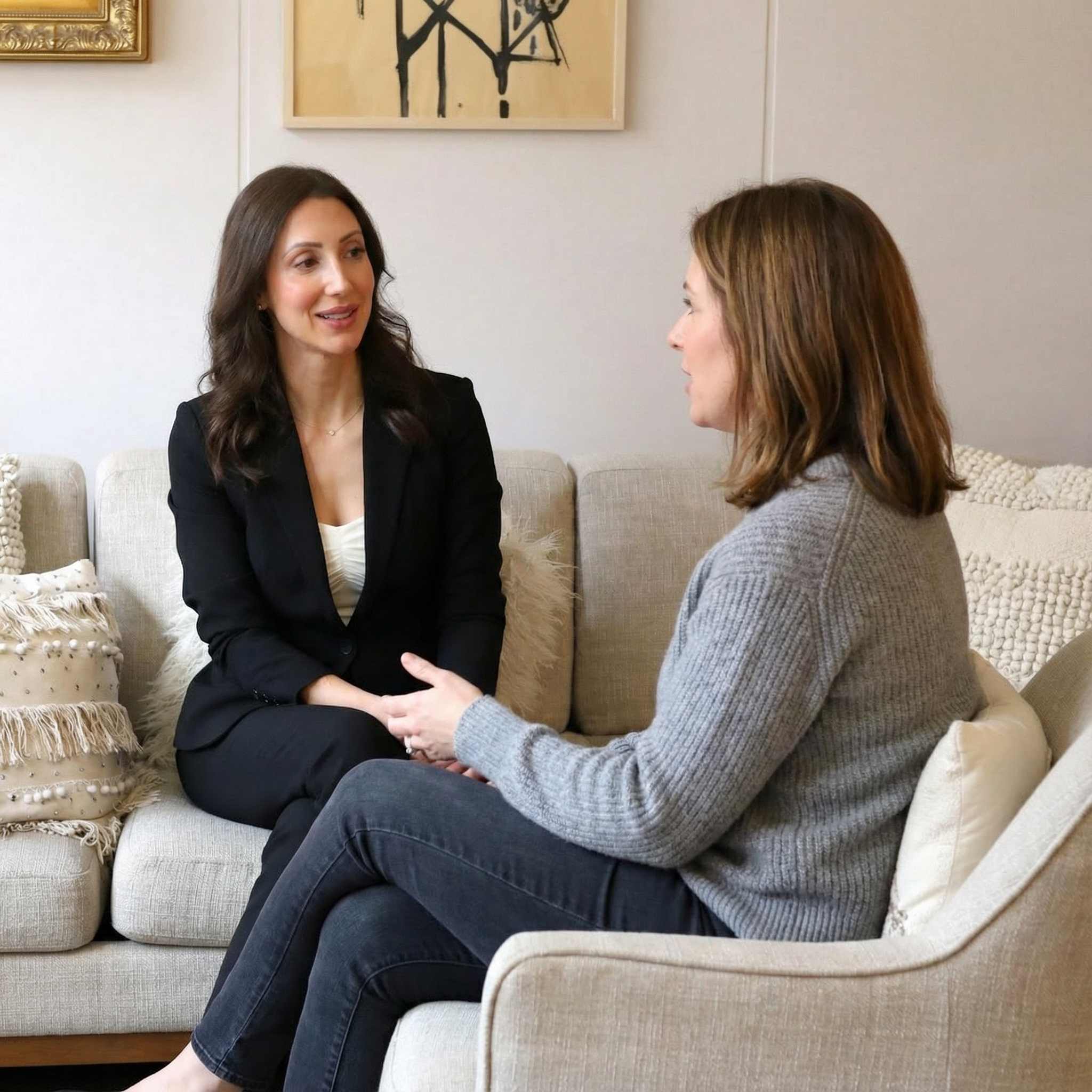 Two women sitting on a beige sofa talking and holding hands in a living room.