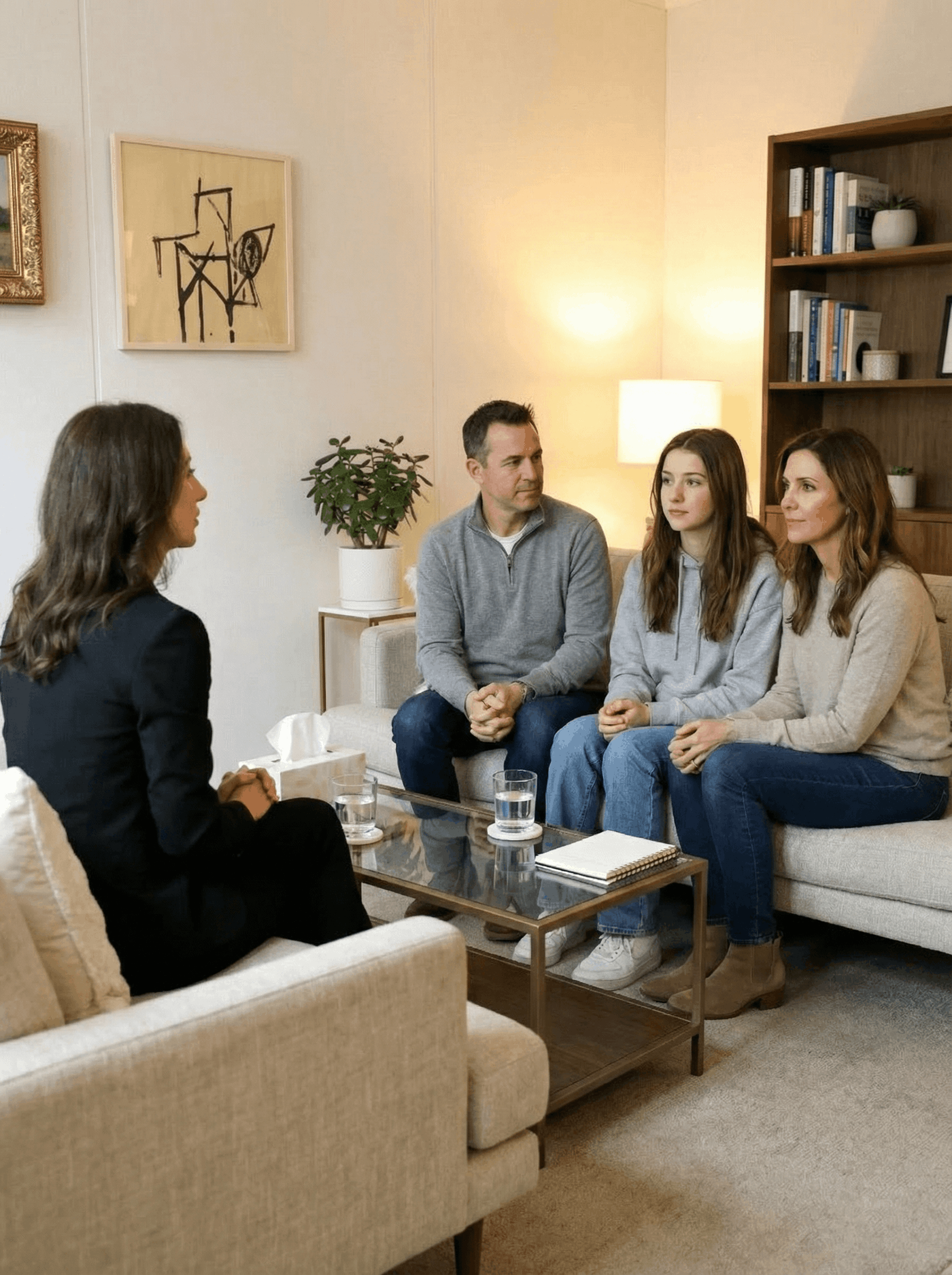 A woman sitting on a beige armchair facing three people on a sofa in a cozy living room, engaged in a conversation.