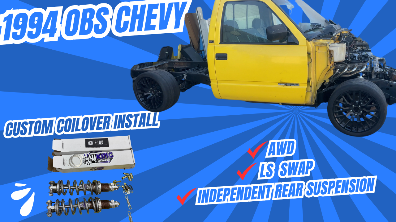 A custom 1994 GMC OBS truck build featuring custom coilover install, LS engine swap, 4L80e transmission swap, and listed features such as AWD conversion and custom independent rear suspension install.