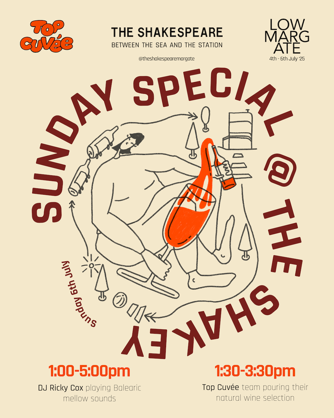 Event poster for a special Sunday at the Shakerey. Features cartoon illustration of a person lounging with a bottle and glass, surrounded by party elements like drink bottles and table lamps. Text details event times, music, and wine pouring activities, with date July 5th, 2025.