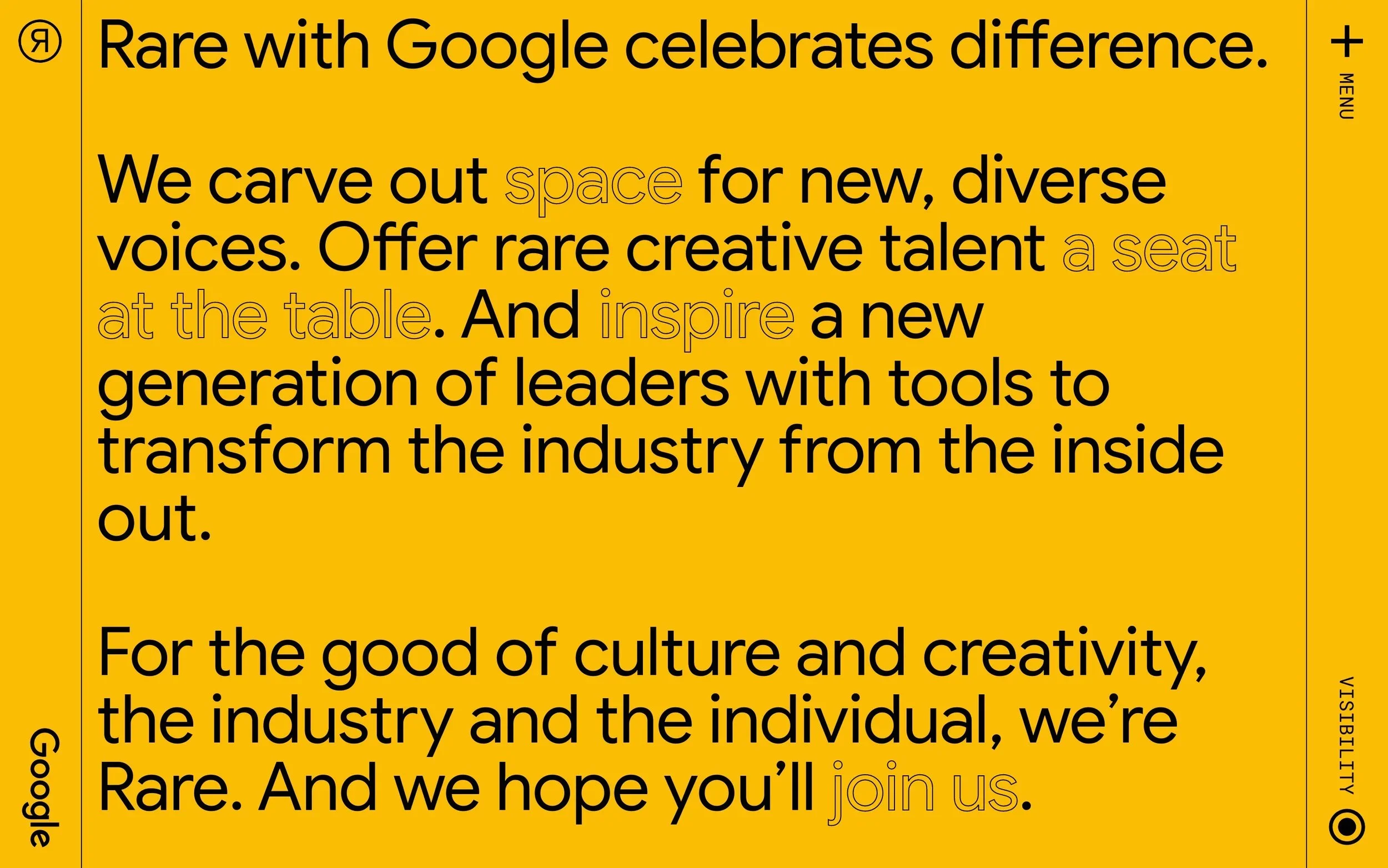 Yellow background with black text and some highlighted words, discussing Google's celebration of diversity and creativity in the industry.