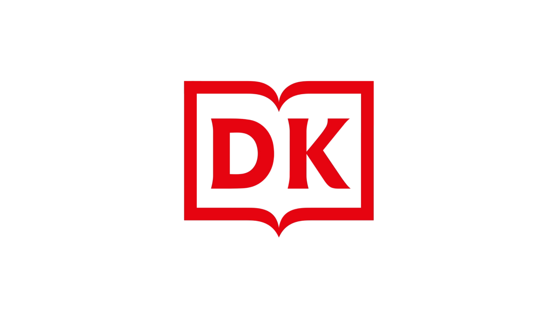 Red and black logo of DK, featuring an open book with the letters DK inside.