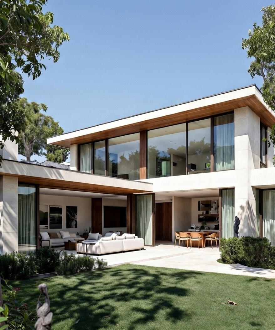 Modern two-story house with large glass windows, outdoor living space, and a well-maintained lawn with trees.