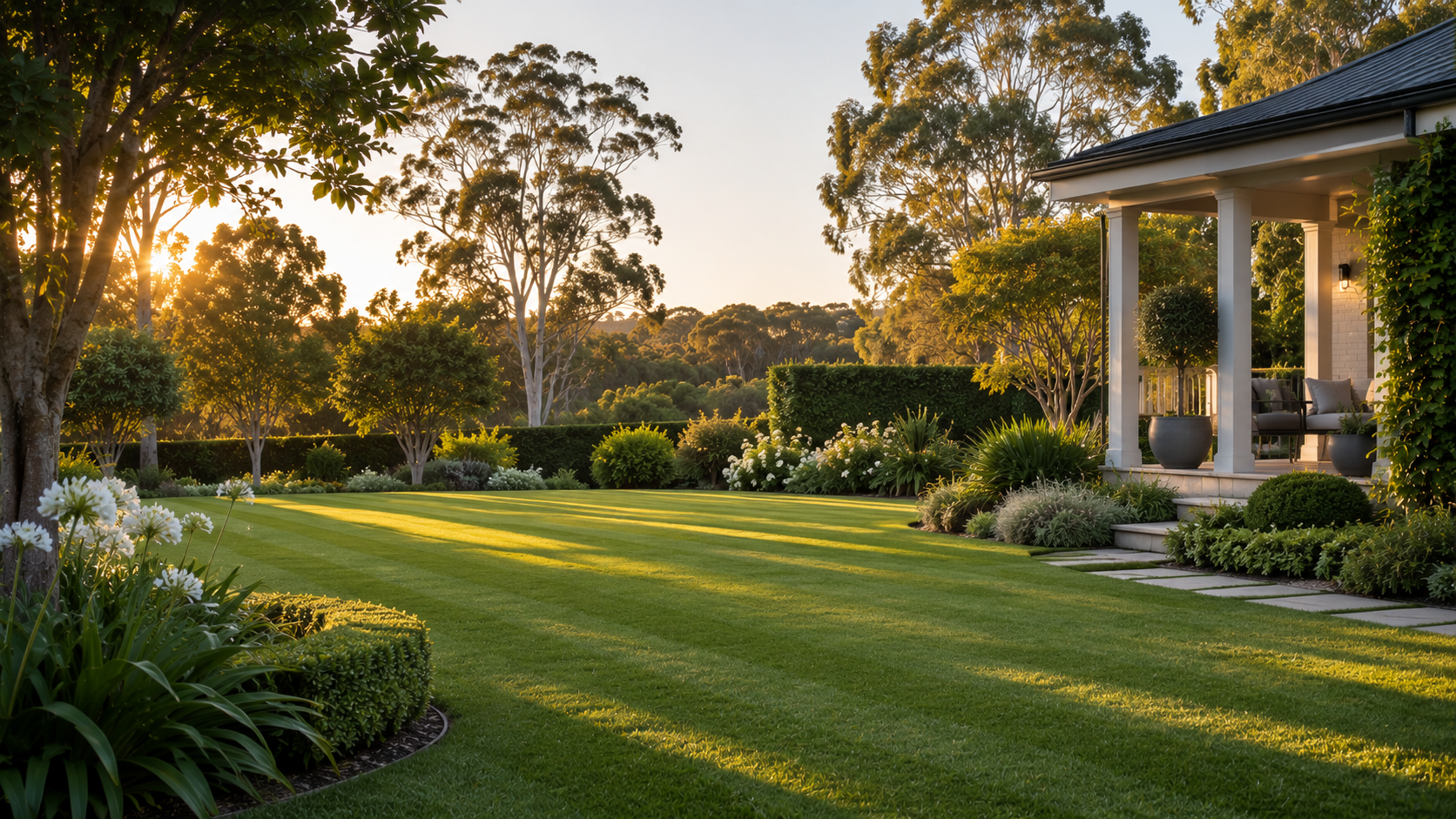 beautiful Central Coast garden at sunset, striped lawns, neat hedges, flowering gardens