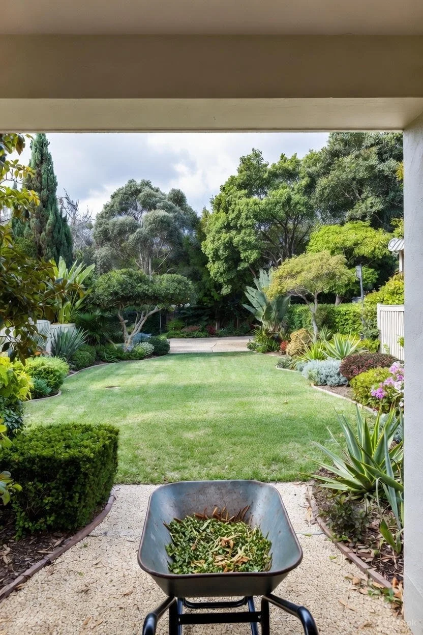 View from a porch into a lush, landscaped backyard garden with green grass, various trees, shrubs, and flowering plants, under a partly cloudy sky.