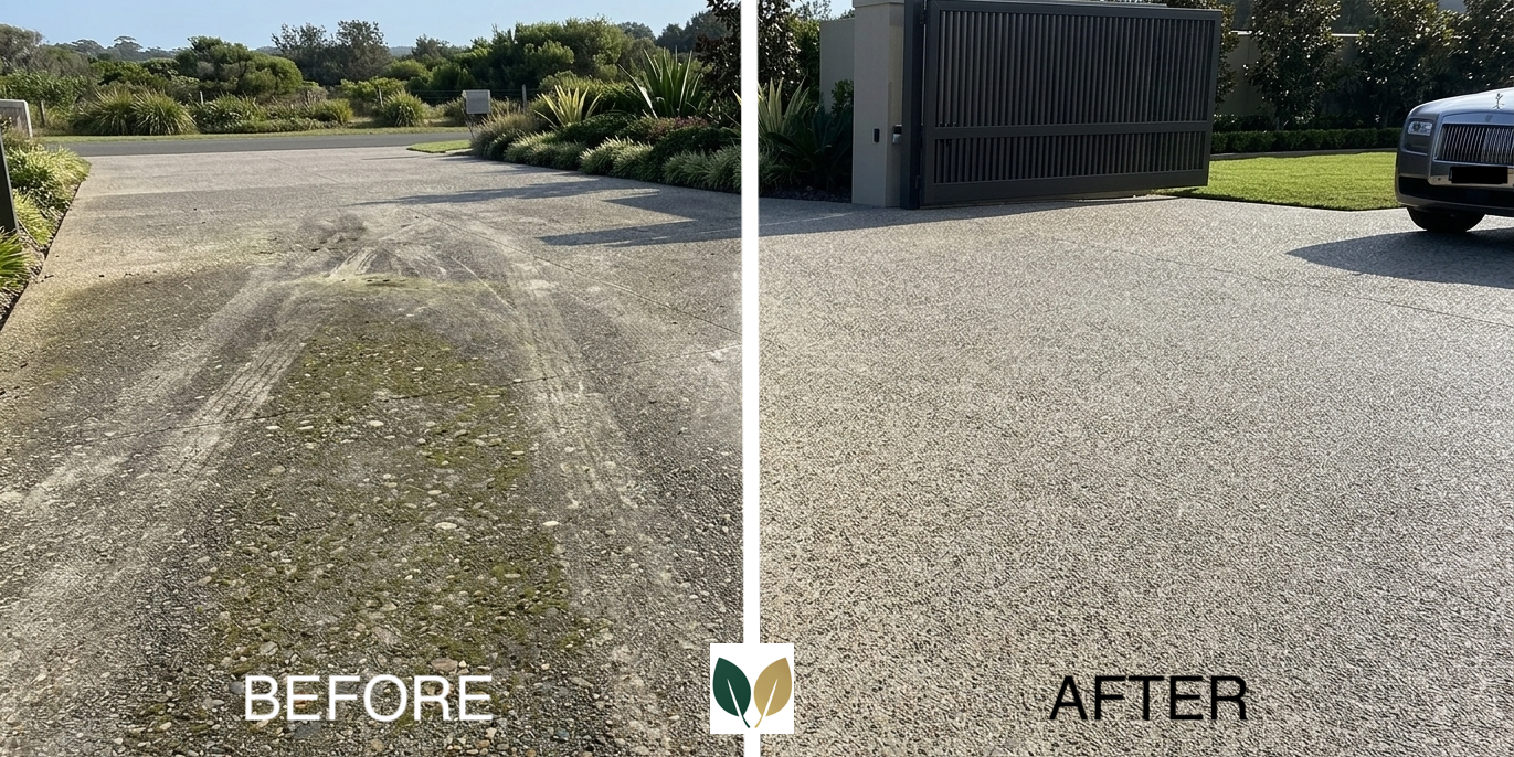 Side-by-side comparison of a driveway before and after cleaning. The most trusted and reliable pressure washing on the Central Coast, Eden Grounds and Gardens.