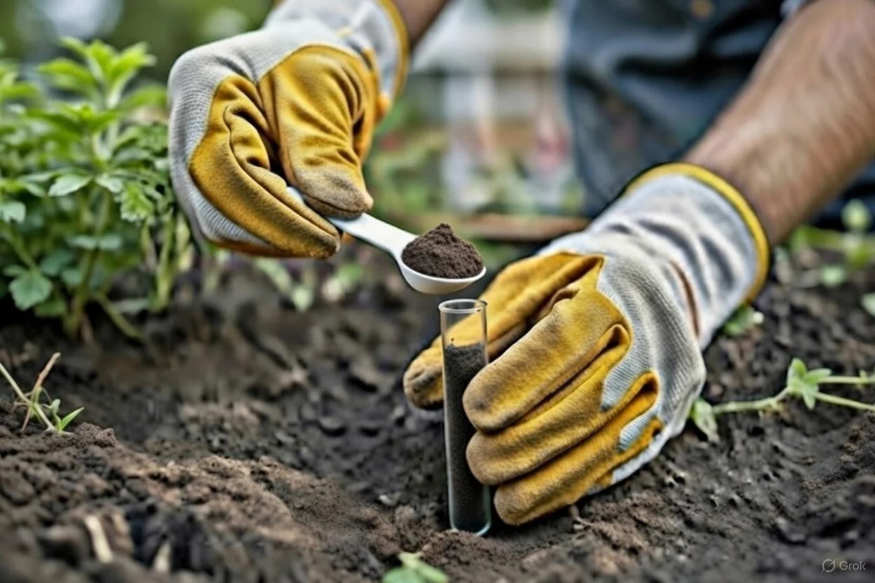 Person wearing gloves is collecting soil samples in a test tube, using a spoon filled with soil.