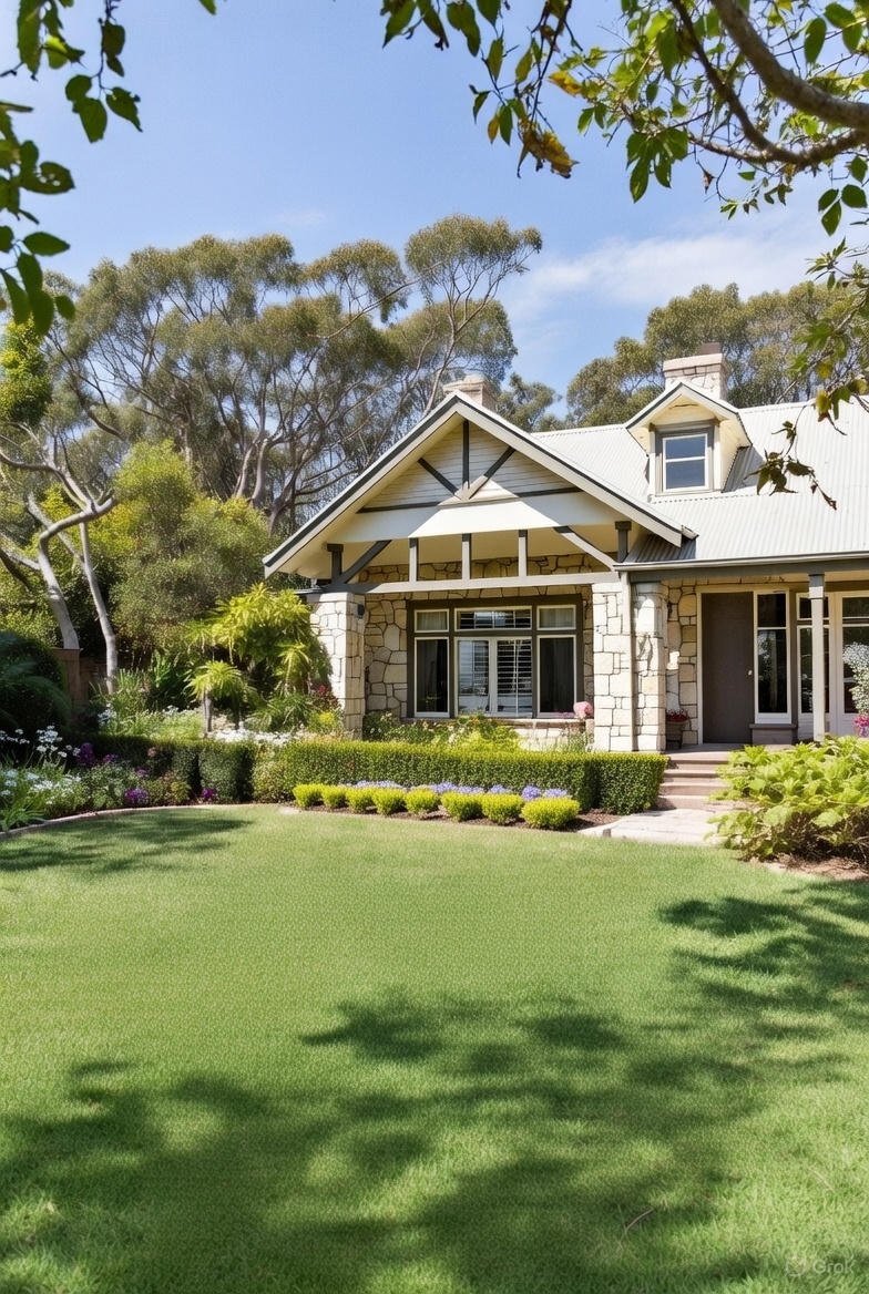 A modern house with stone exterior walls and a white metal roof, surrounded by a lush green lawn and landscaped garden with trees, shrubs, and flowering plants, under a partly cloudy sky.