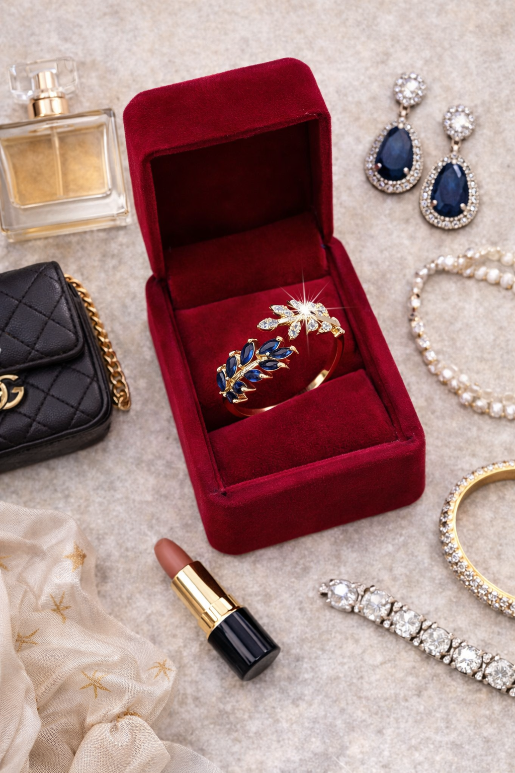 Rose Gold Diamond and Sapphire Ring (Adjustable Sz 9) CZ $20