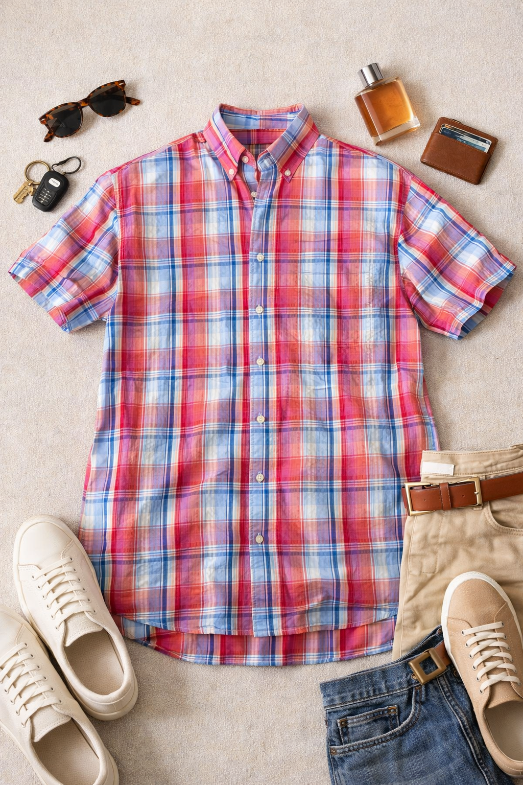 Jos A Bank Red and Blue Short Sleeve Shirt L $25