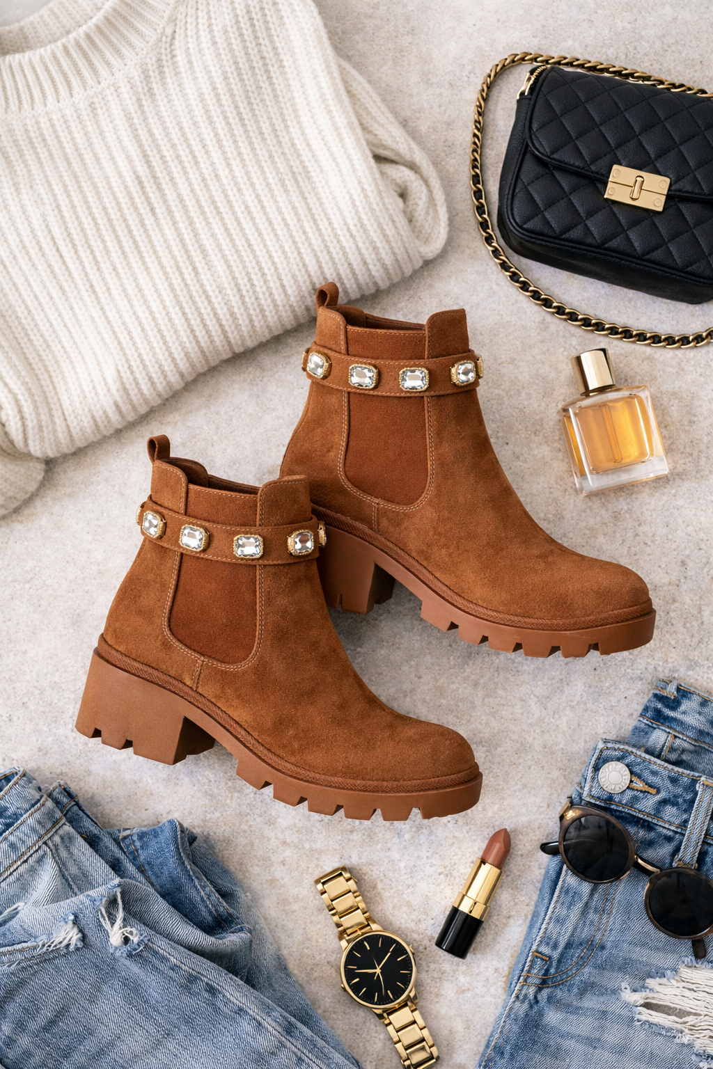 Brown Suede Chelsea Boots w/ Rhinestones 8.5 $50