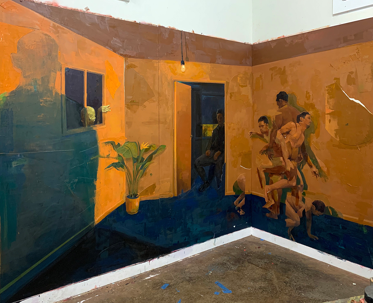 Delusions of Self, Oil on Paper and Aluminum, 144 x 78 in, 2021.