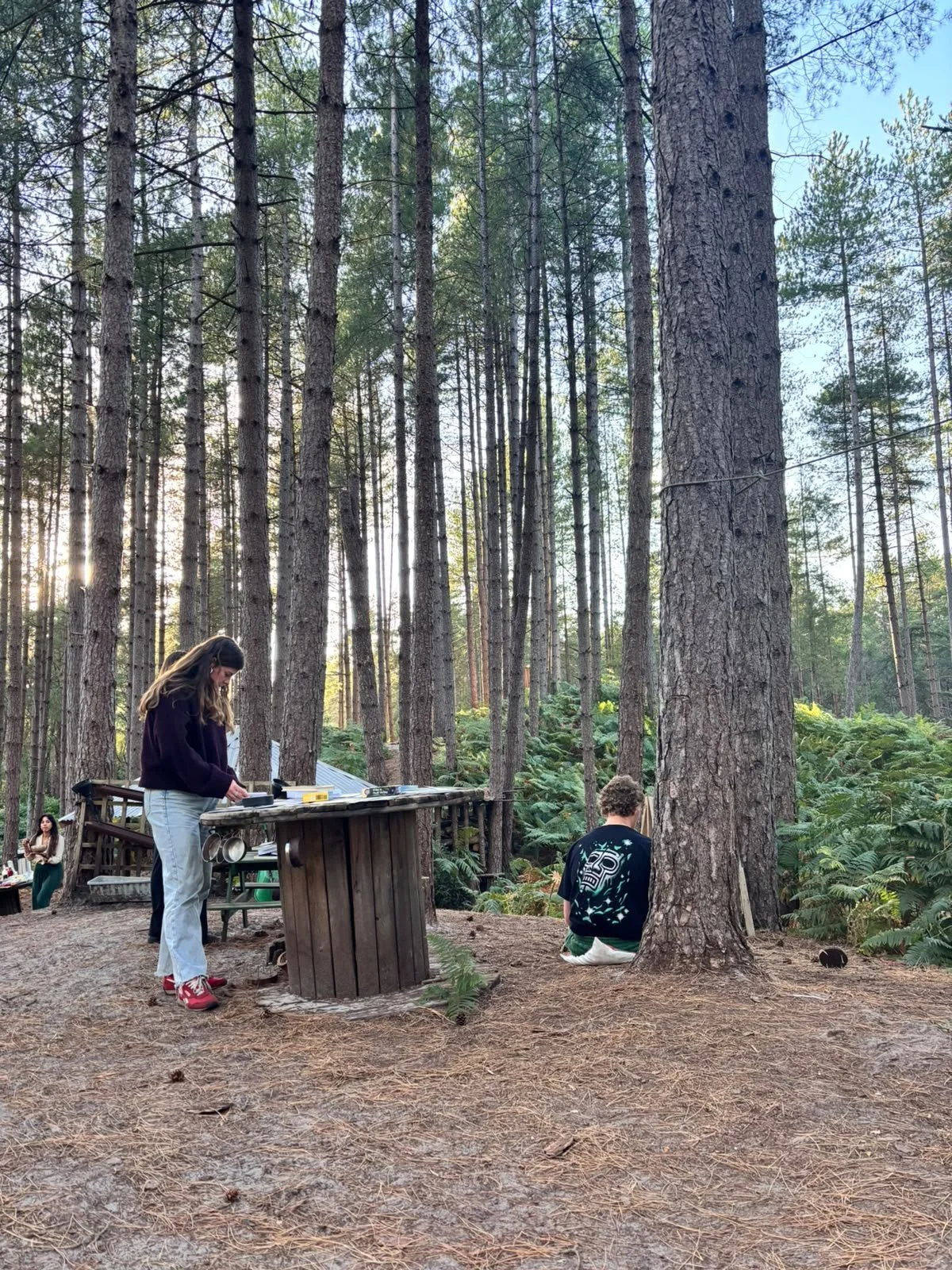 A woman with long hair, wearing glasses, a dark jacket, light-colored pants, and red shoes, stands at a wooden table outdoors in a forest, looking at her phone. A man with curly hair, wearing a black T-shirt with a graphic design, sits on the ground near a large tree, facing away. In the background, another woman stands near a small structure, with tall trees and lush greenery around.